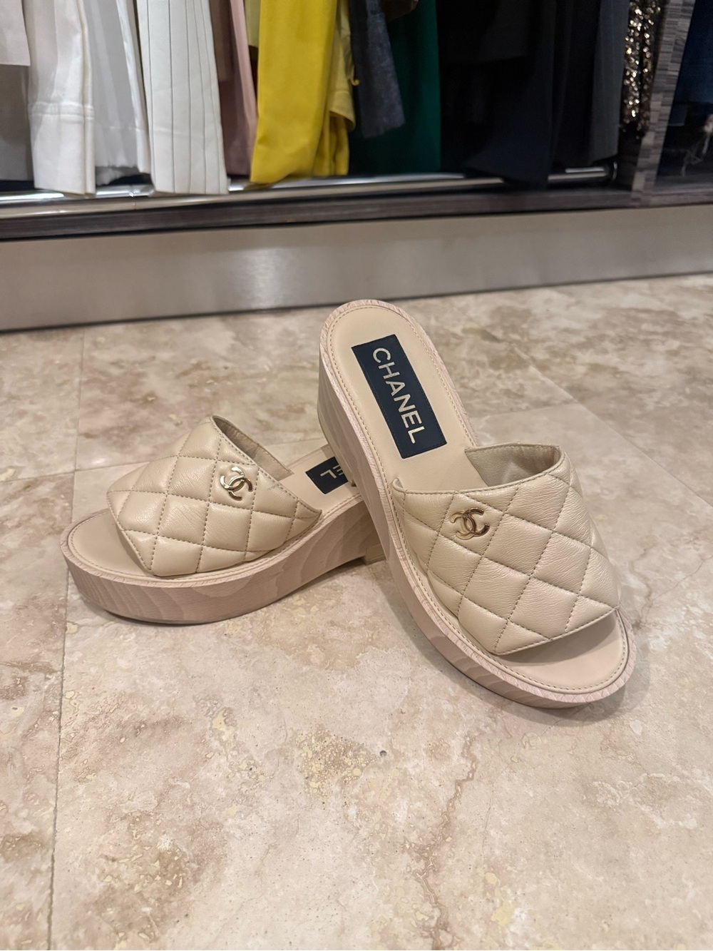 CHANEL Beige Quilted Platform Slide Sandals with CC Logo